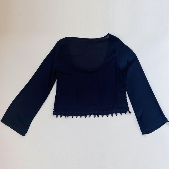 Tobi Sheer Navy Blue Chiffon Lace Trim Crop Top - Picture 3 of 6